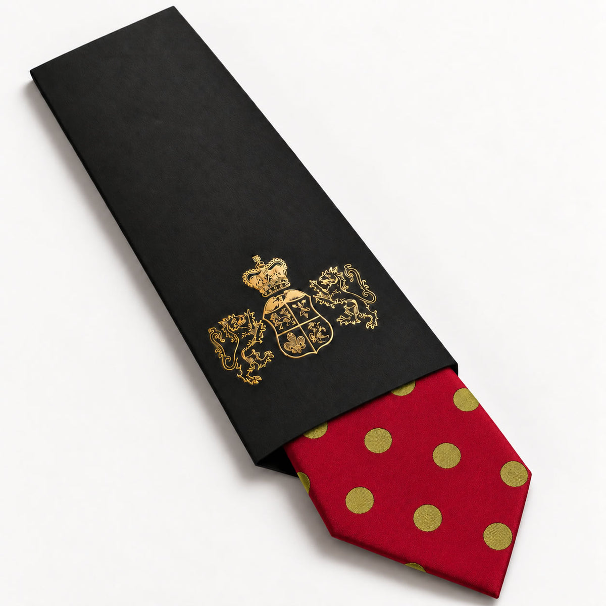 Red and Gold Polka Dot Silk Tie in George Neale premium packaging