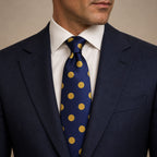 Navy and Gold Polka Dot Silk Tie by George Neale, worn by a model with a suit and shirt
