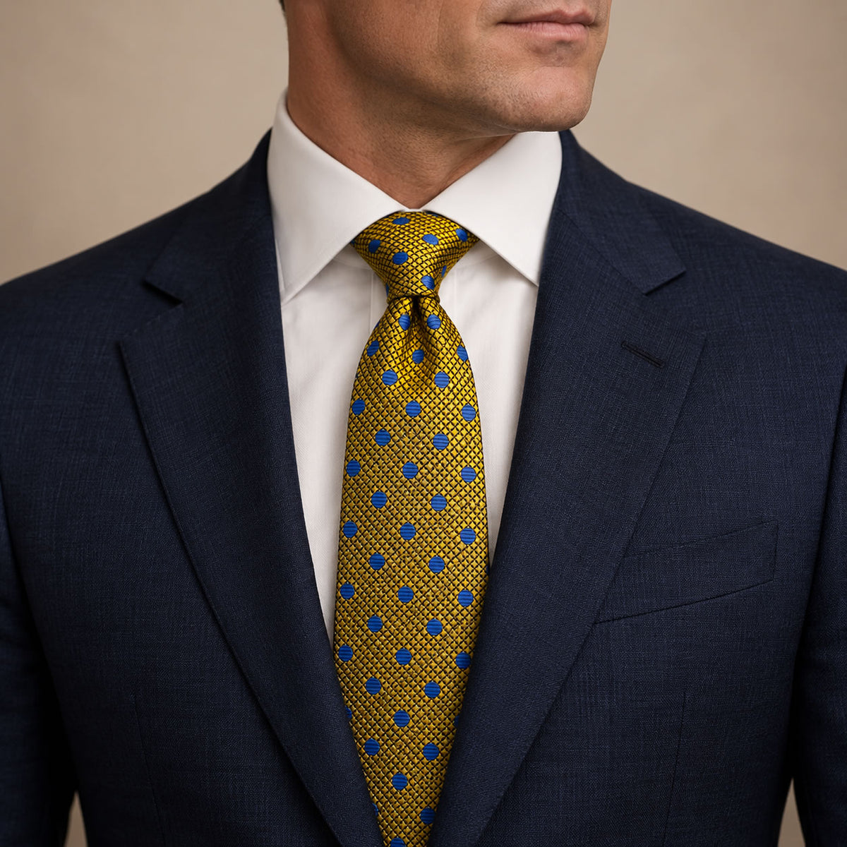 Gold and Blue Polka Dot Silk Tie by George Neale, worn by a model with a suit and shirt