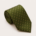 A rolled George Neale olive green and gold polka dot silk tie.