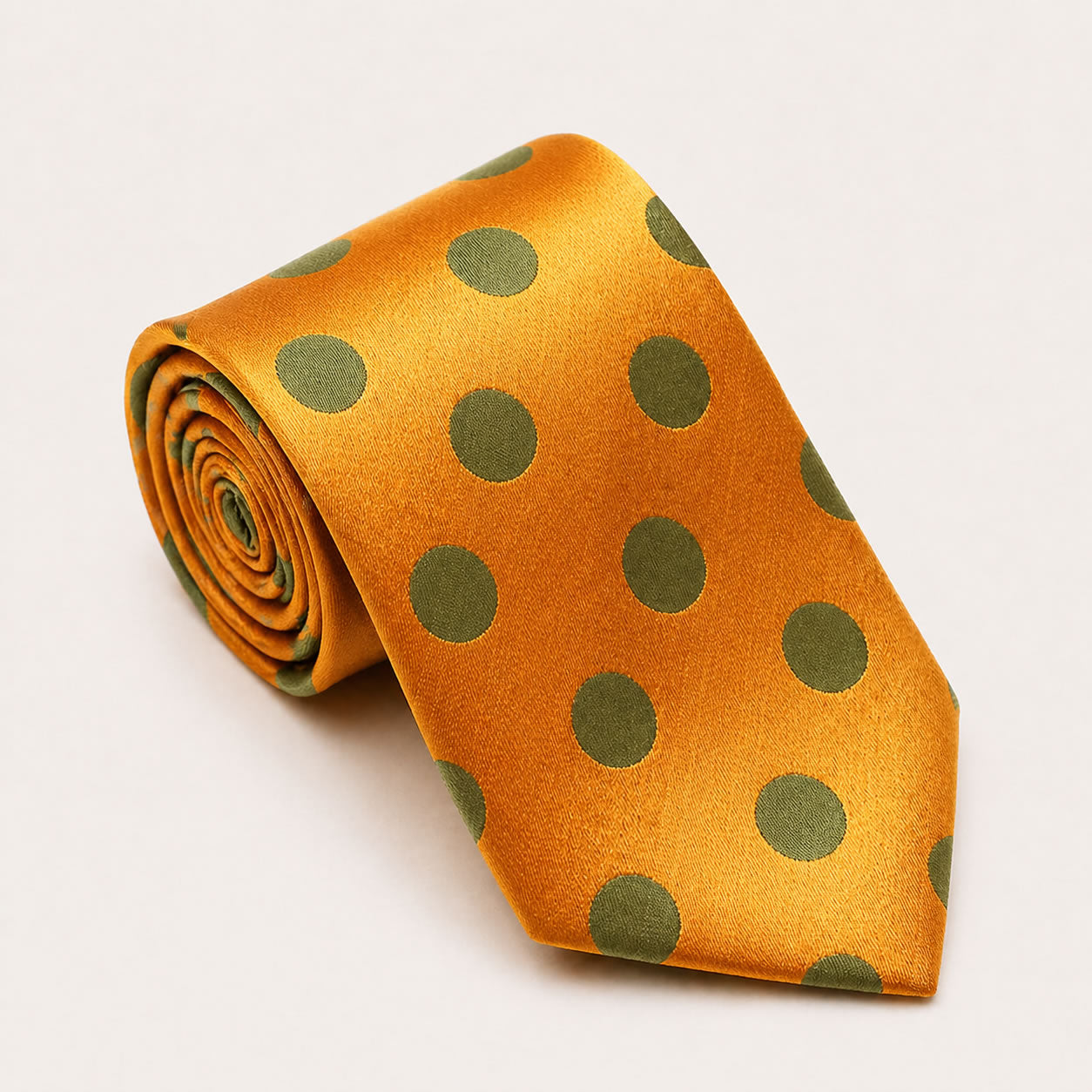 A rolled George Neale orange and olive green polka dot silk tie.