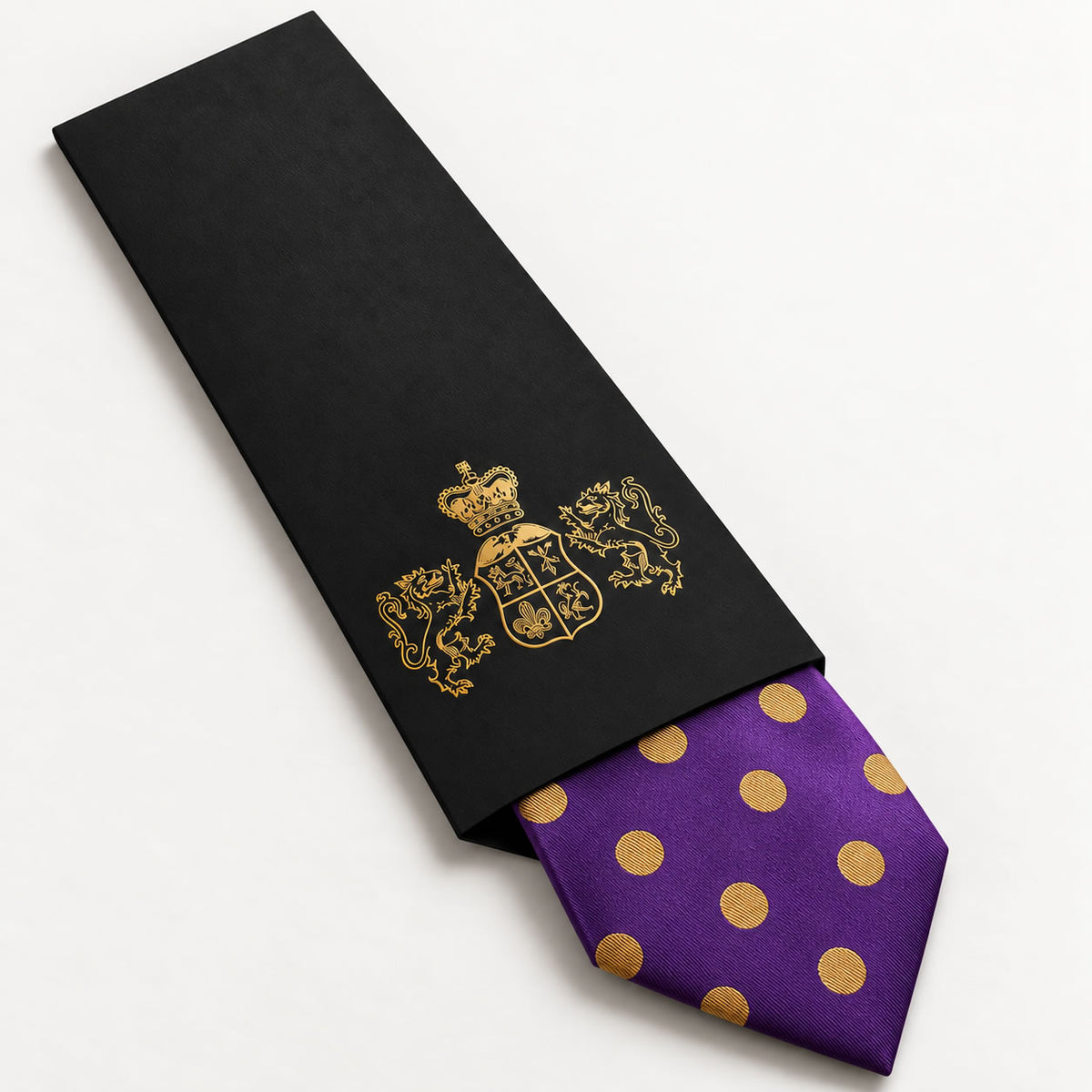 Purple and Gold Polka Dot Silk Tie in George Neale premium packaging