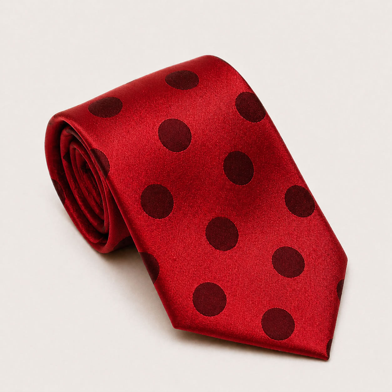 A rolled George Neale red polka dot silk tie.