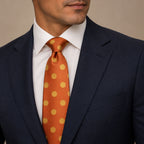 Orange and Gold Polka Dot Silk Tie by George Neale, worn by a model with a suit and shirt