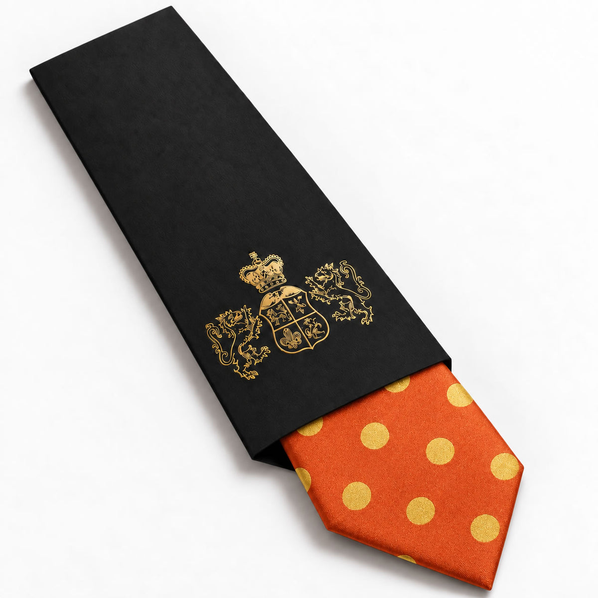 Orange and Gold Polka Dot Silk Tie in George Neale premium packaging