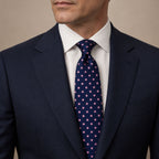 Navy and Pink Polka Dot Silk Tie by George Neale, worn by a model with a suit and shirt