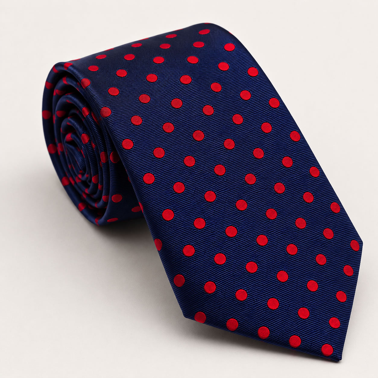 A rolled George Neale navy and red polka dot silk tie.