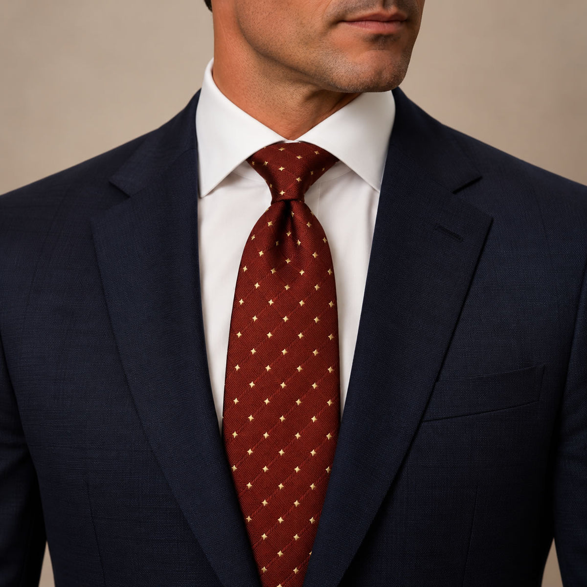 Brown and Gold Polka Dot Silk Tie by George Neale, worn by a model with a suit and shirt