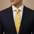 Lemon Polka Dot Silk Tie by George Neale, worn by a model with a suit and shirt