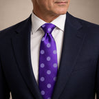Royal Purple Polka Dot Silk Tie by George Neale, worn by a model with a suit and shirt