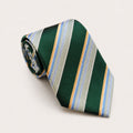 A rolled George Neale green and gold stripe silk tie.