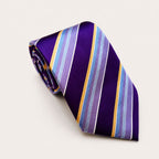 A rolled George Neale purple and gold stripe silk tie.