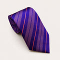 A rolled George Neale purple and pink stripe silk tie.