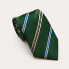 A rolled George Neale green and blue stripe silk tie.