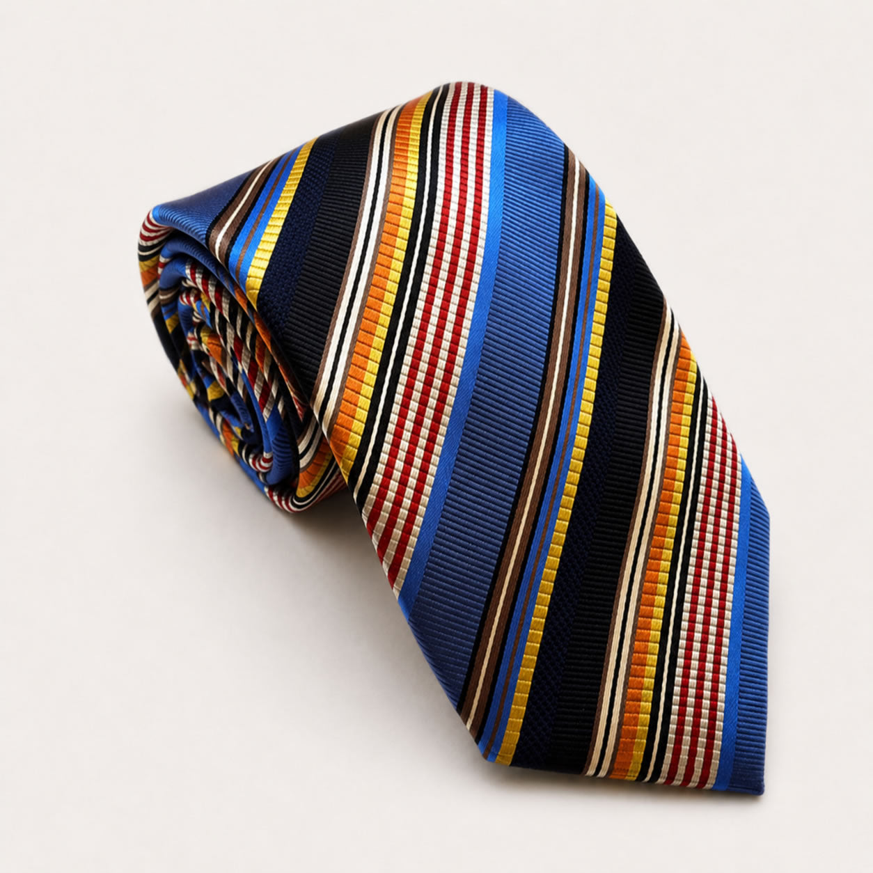 A rolled George Neale royal blue multi-stripe silk tie.