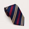 A rolled George Neale navy and burgundy stripe silk tie.