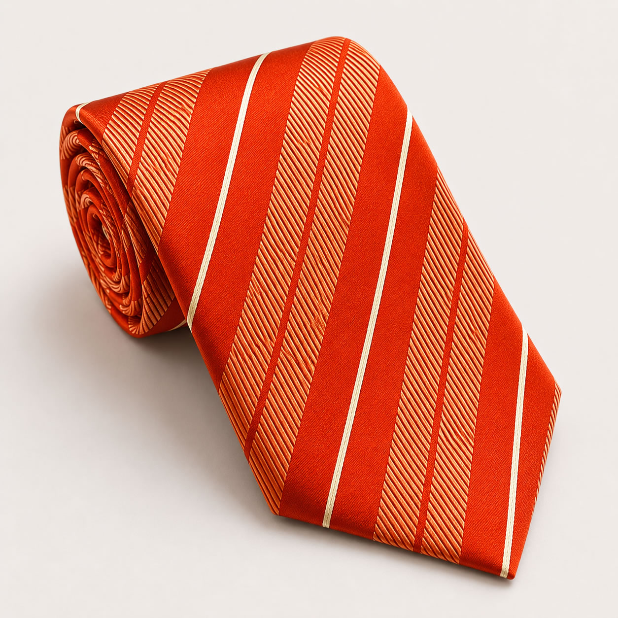 A rolled George Neale orange stripe silk tie.