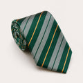A rolled George Neale green and silver stripe silk tie.