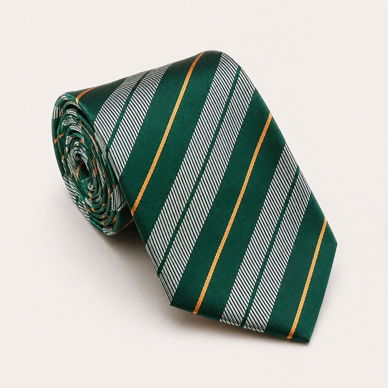 A rolled George Neale green and silver stripe silk tie.