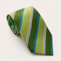 A rolled George Neale green and blue stripe silk tie.