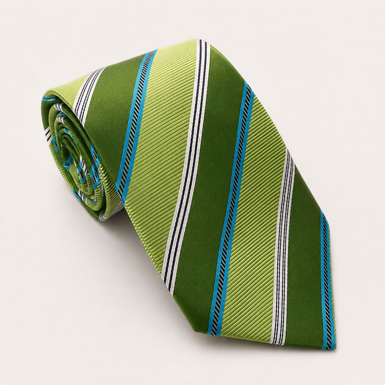 A rolled George Neale green and blue stripe silk tie.