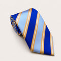 A rolled George Neale blue and gold stripe silk tie.
