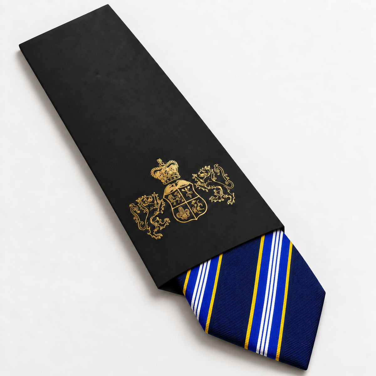 Navy and Gold Stripe Silk Tie in George Neale premium packaging