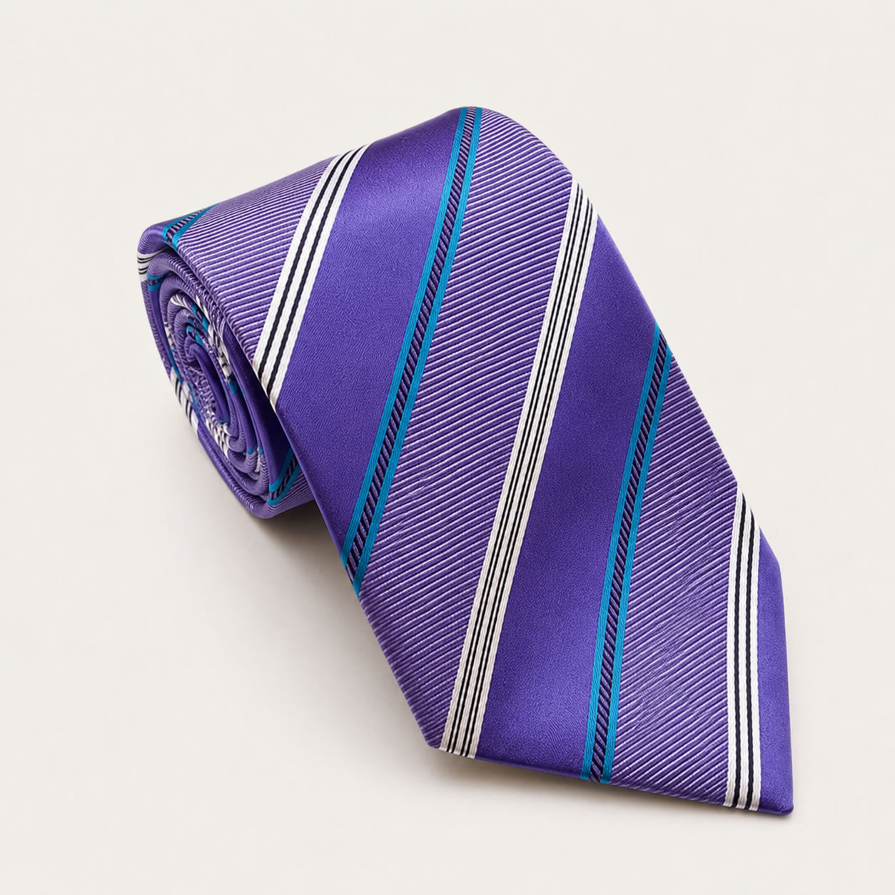 A rolled George Neale purple stripe silk tie.
