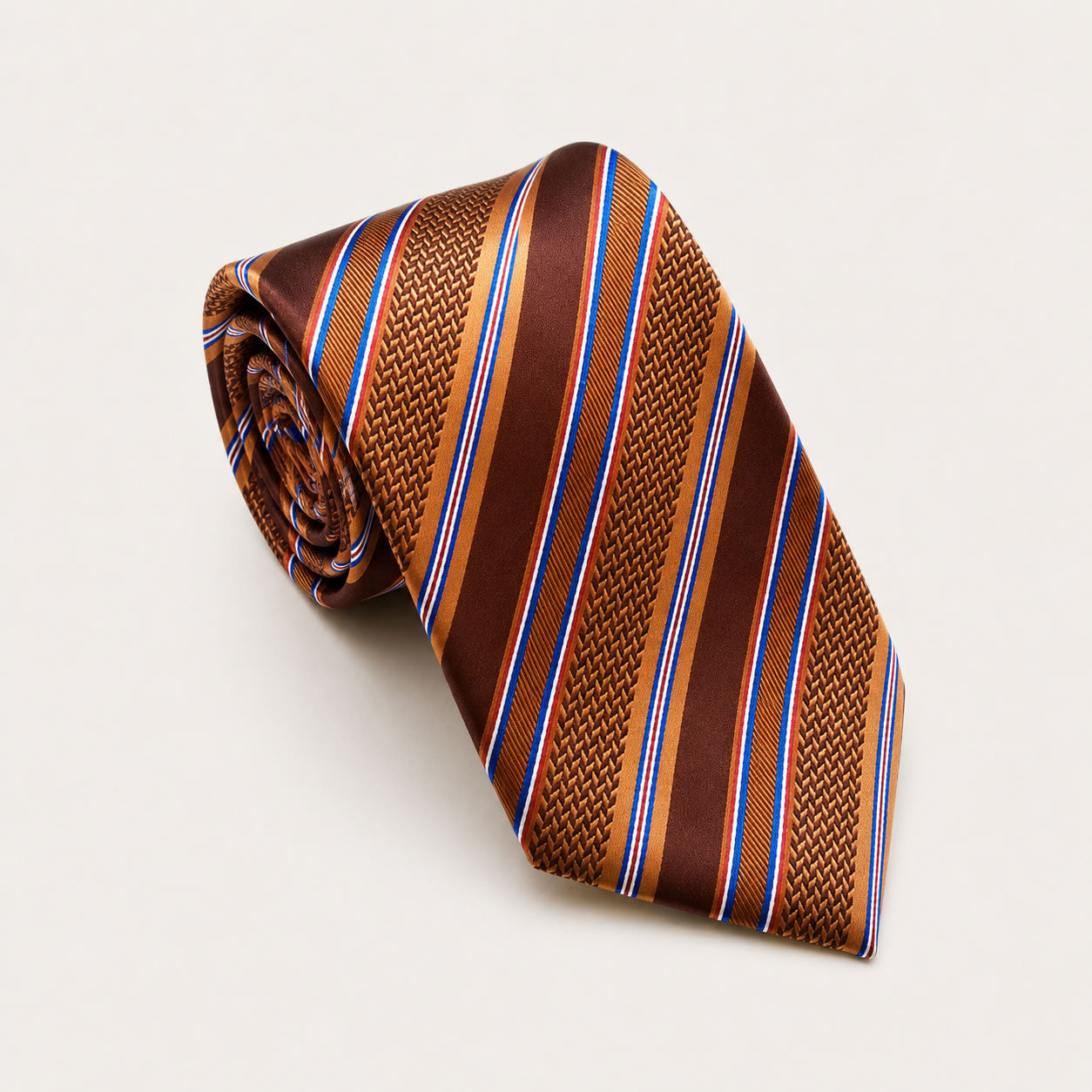 A rolled George Neale brown stripe silk tie.