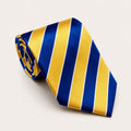 A rolled George Neale blue and yellow stripe silk tie.