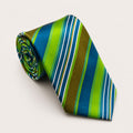 A rolled George Neale green and blue stripe silk tie.