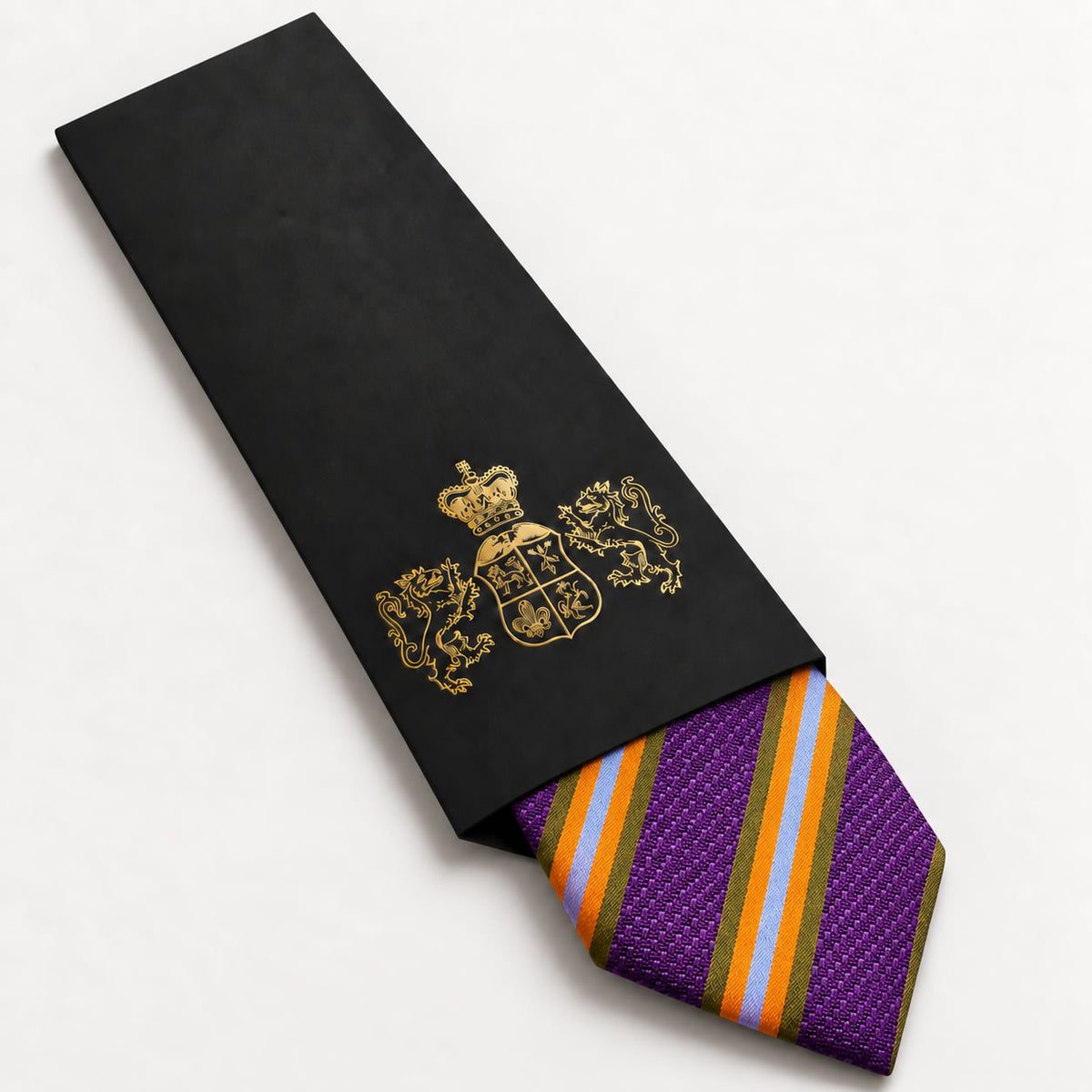 Purple and Orange Stripe Silk Tie in George Neale premium packaging
