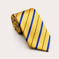 A rolled George Neale gold and blue stripe silk tie.