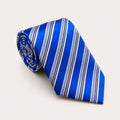 A rolled George Neale blue stripe silk tie.