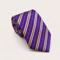 A rolled George Neale purple and gold stripe silk tie.