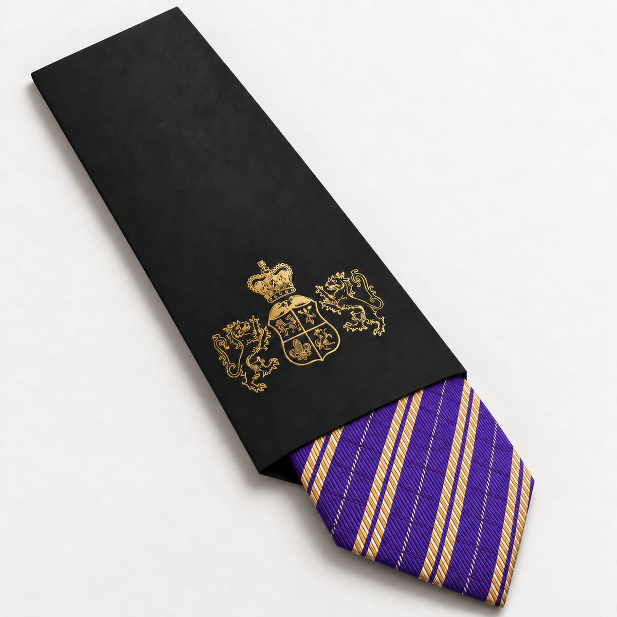 Purple and Gold Stripe Silk Tie in George Neale premium packaging
