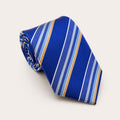 A rolled George Neale blue stripe silk tie.