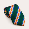 A rolled George Neale green and orange stripe silk tie.