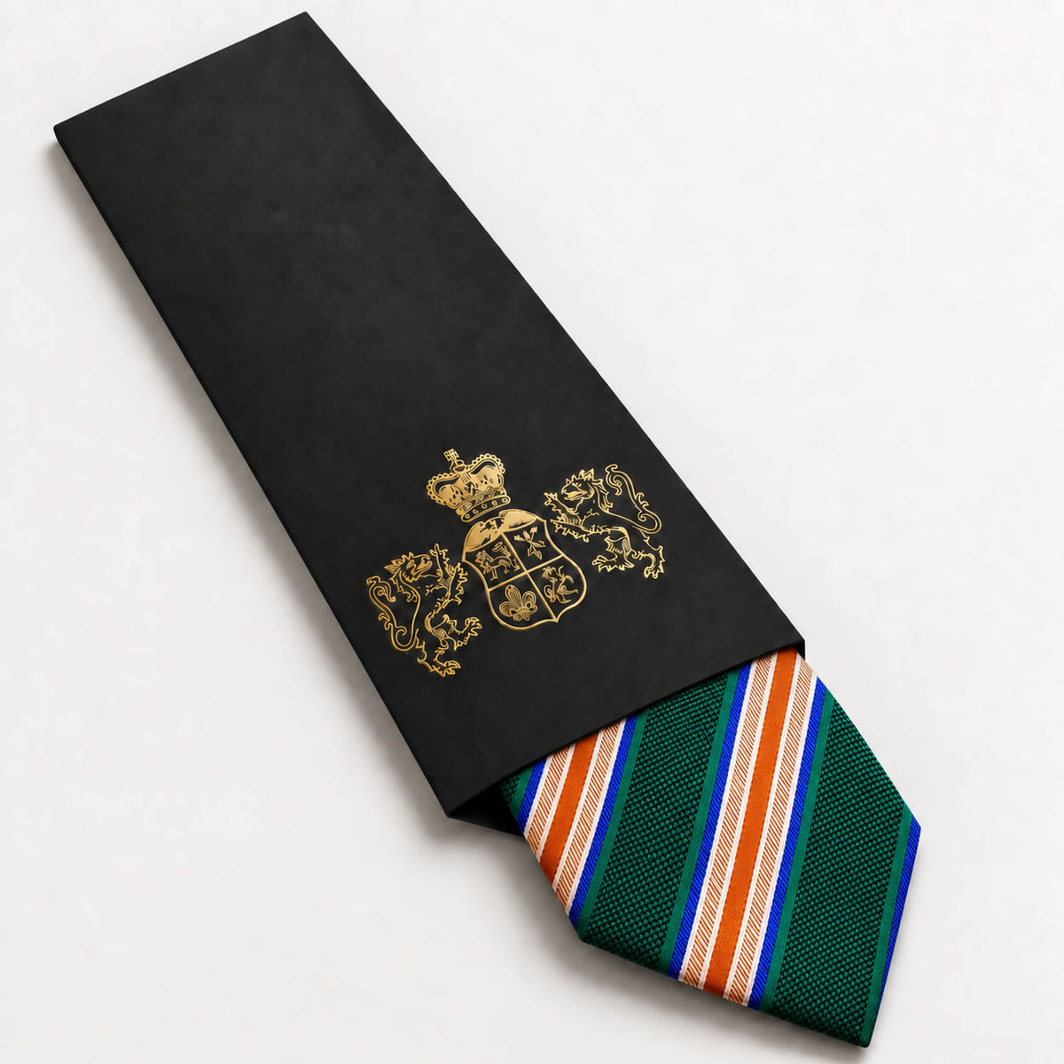 Green and Orange Stripe Silk Tie in George Neale premium packaging