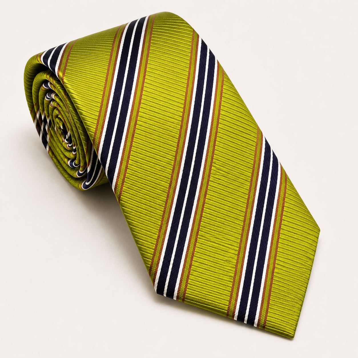 A rolled George Neale green and navy stripe silk tie.