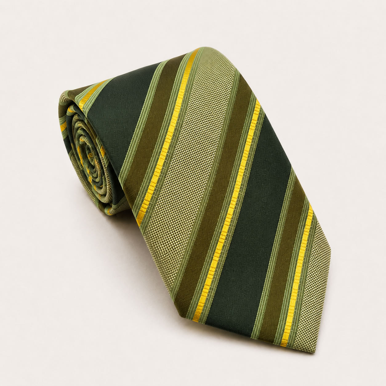 A rolled George Neale green stripe silk tie.