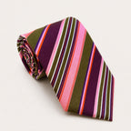 A rolled George Neale pink and green stripe silk tie.