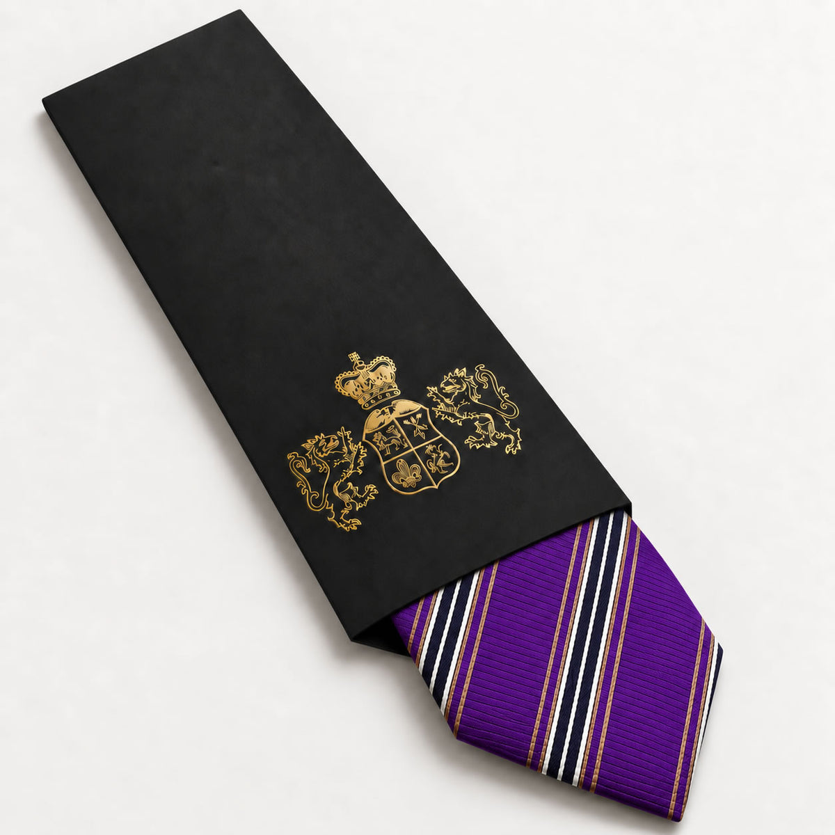 Purple and Navy Stripe Silk Tie in George Neale premium packaging