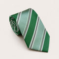 A rolled George Neale green stripe silk tie.