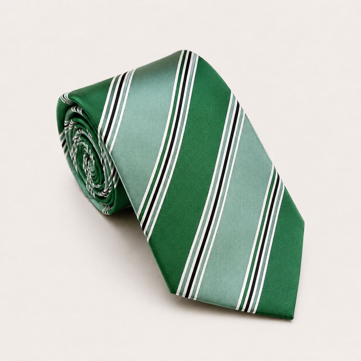 A rolled George Neale green stripe silk tie.