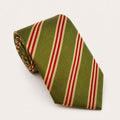 A rolled George Neale olive green and red stripe silk tie.