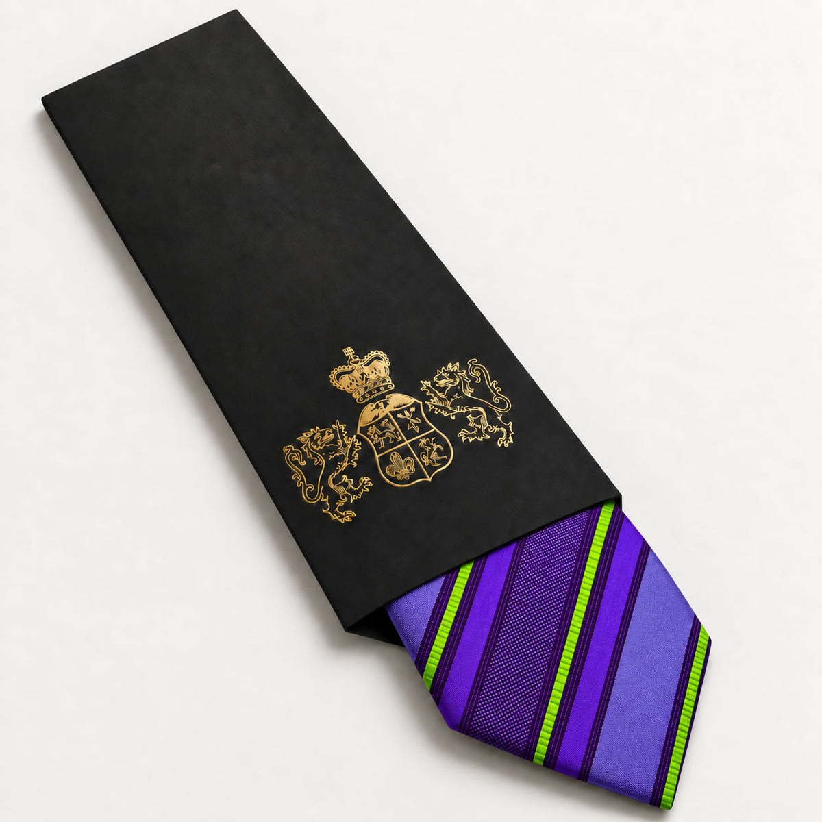 Purple and Green Stripe Silk Tie in George Neale premium packaging