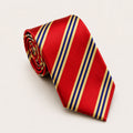 A rolled George Neale red and navy stripe silk tie.