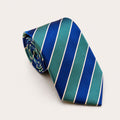 A rolled George Neale blue and turquoise stripe silk tie.