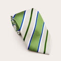 A rolled George Neale green and white stripe silk tie.